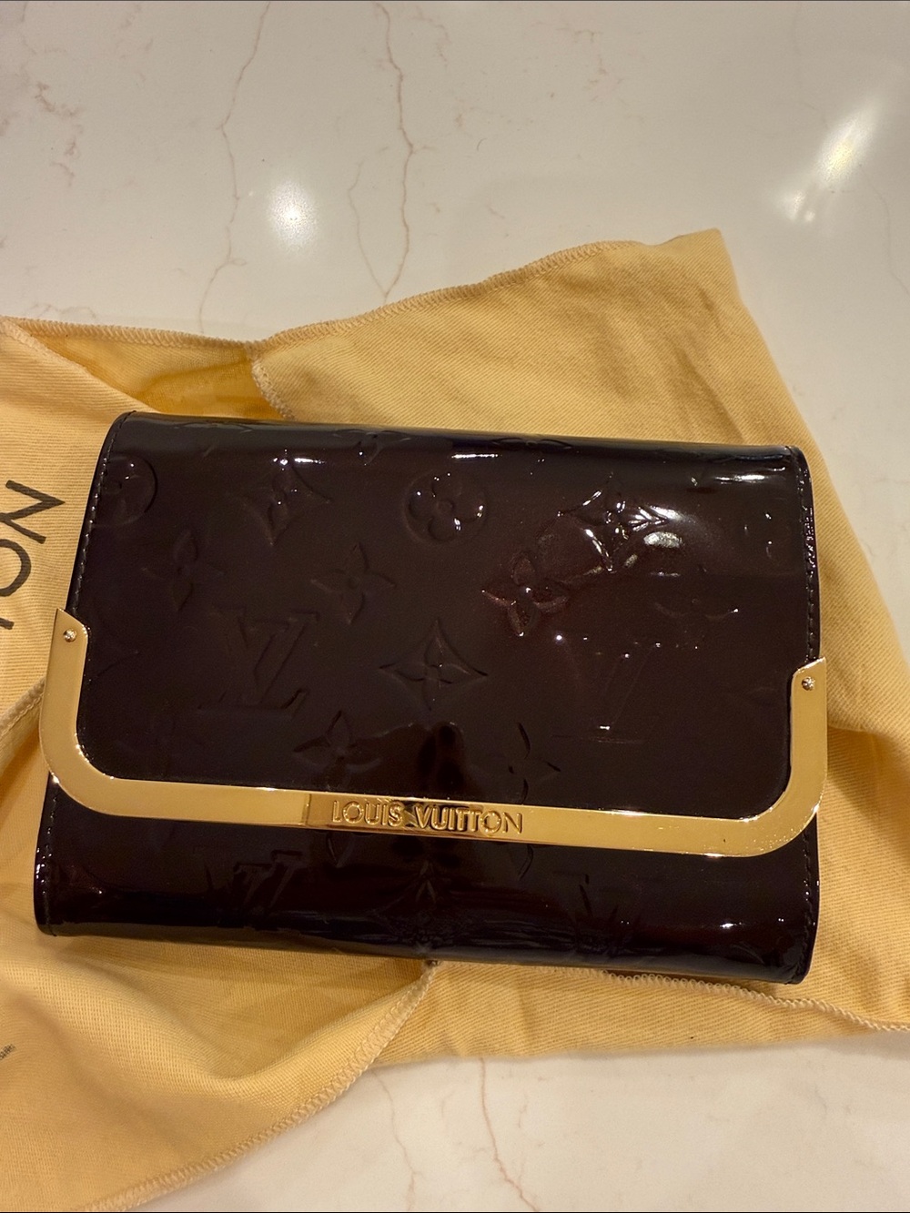 Louis Vuitton Dark Brown Patent Monogram Clutch with Gold Accent